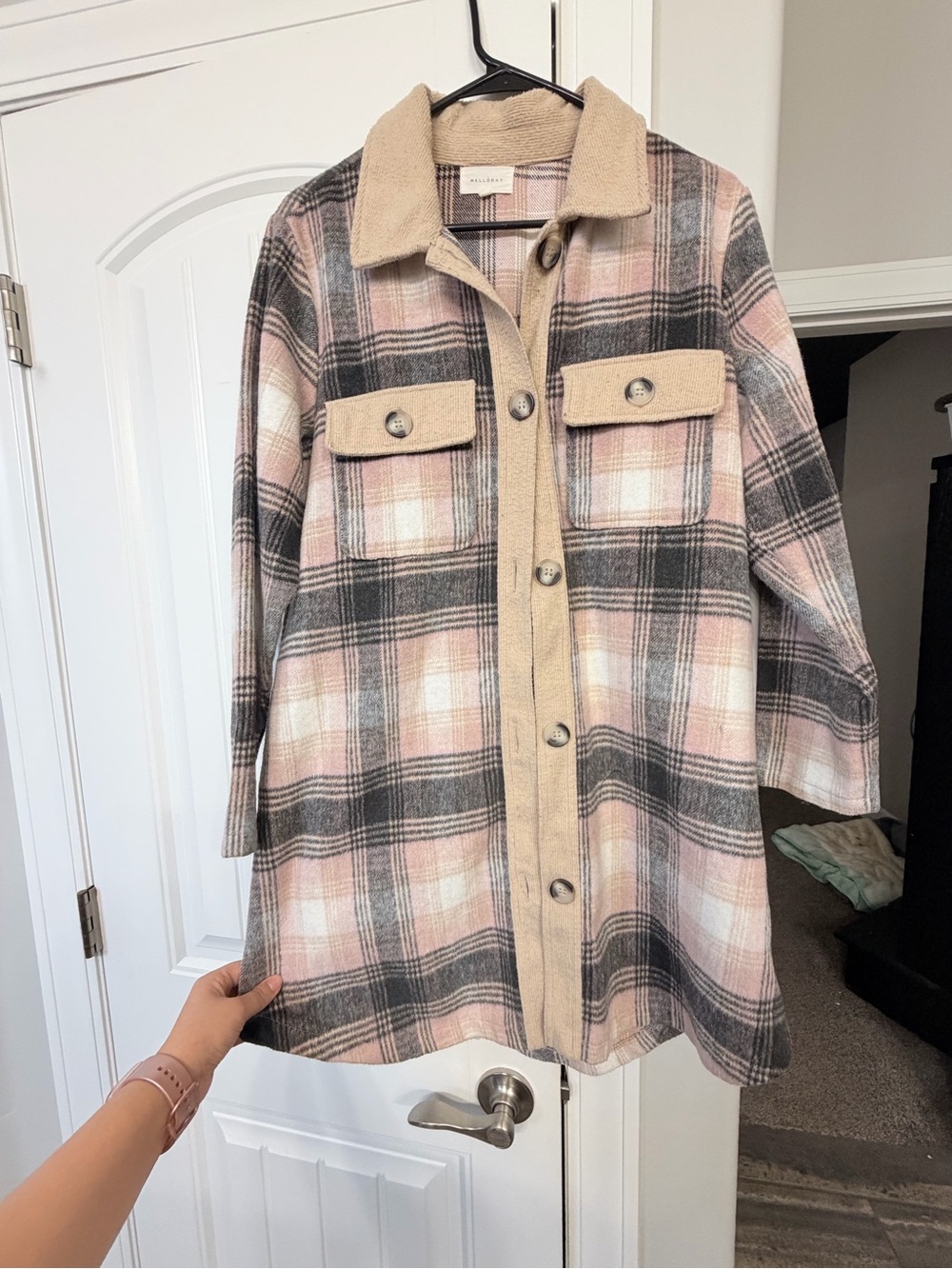 MELLODAY Pink and Gray Plaid Fleece Utility Shacket with Cream Trim